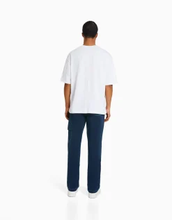 BERSHKA Pantalon cargo wide coutures contrastes Bleu foncé Hot