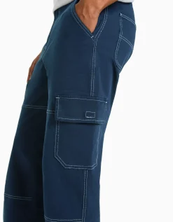 BERSHKA Pantalon cargo wide coutures contrastes Bleu foncé Hot