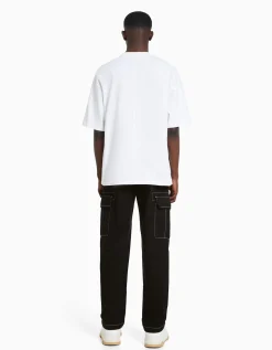 BERSHKA Pantalon cargo wide fil contraste Noir Cheap