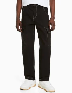 BERSHKA Pantalon cargo wide fil contraste Noir Hot