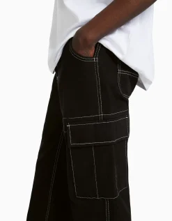 BERSHKA Pantalon cargo wide fil contraste Noir Outlet