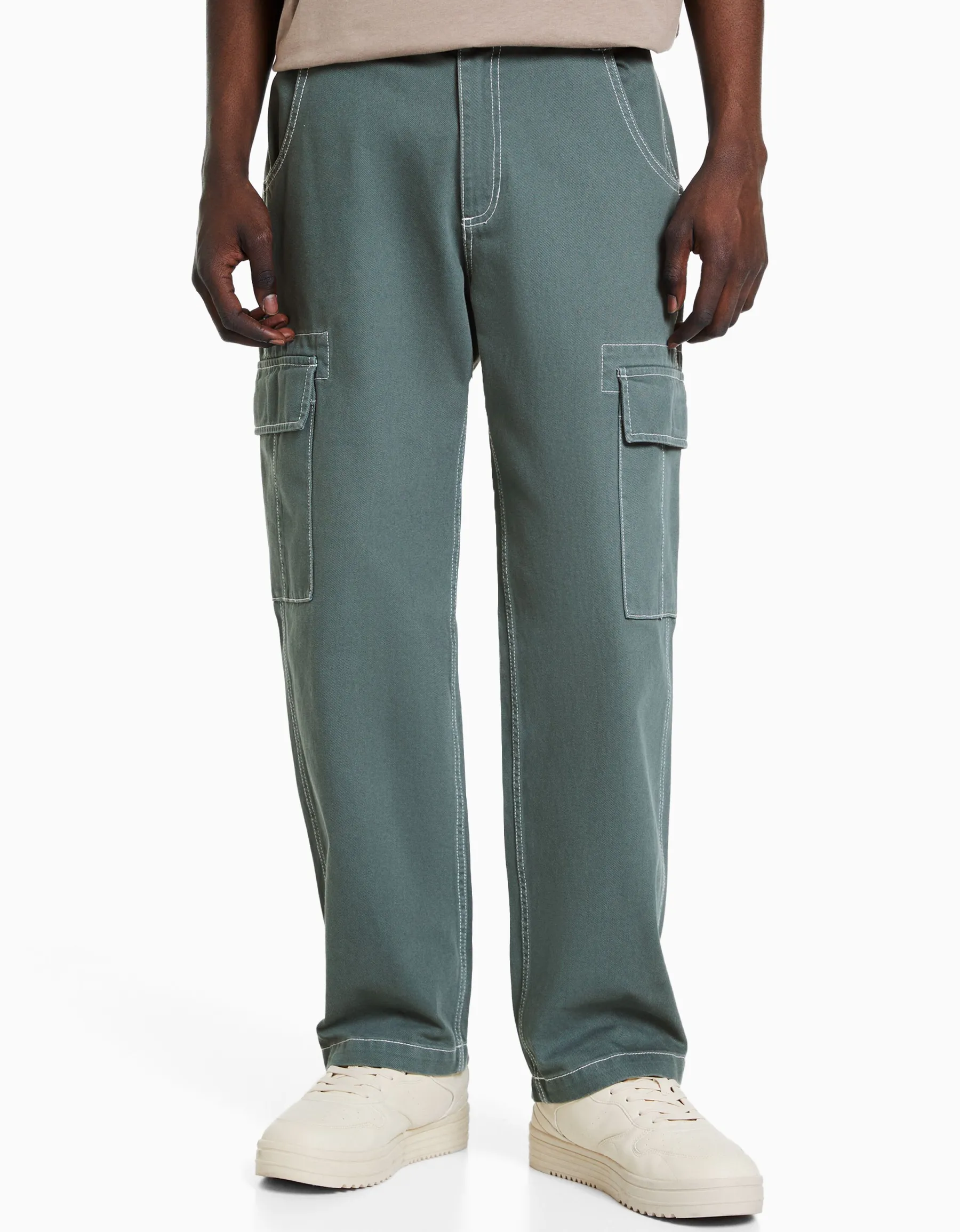 BERSHKA Pantalon cargo wide fil contraste Bleu Flash Sale