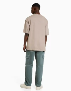 BERSHKA Pantalon cargo wide fil contraste Bleu Flash Sale