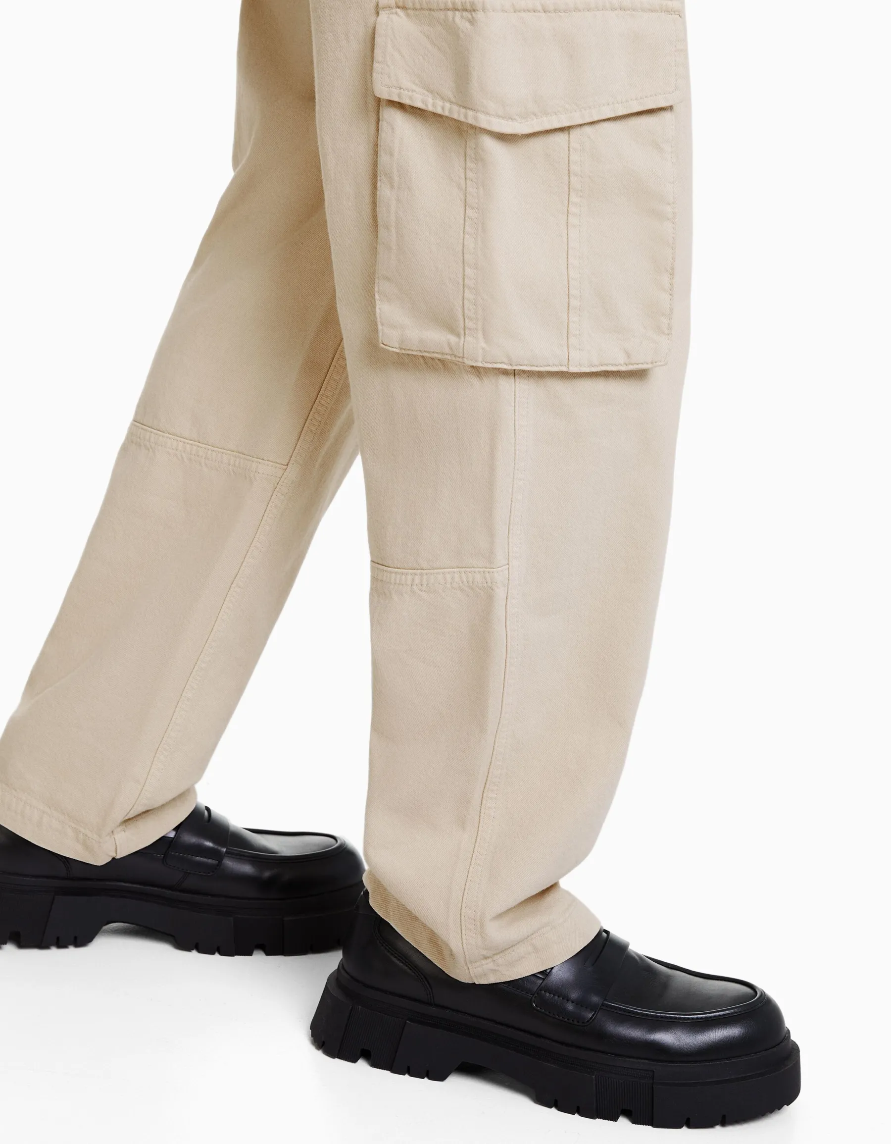 BERSHKA Pantalon cargo wide leg coton Écru New