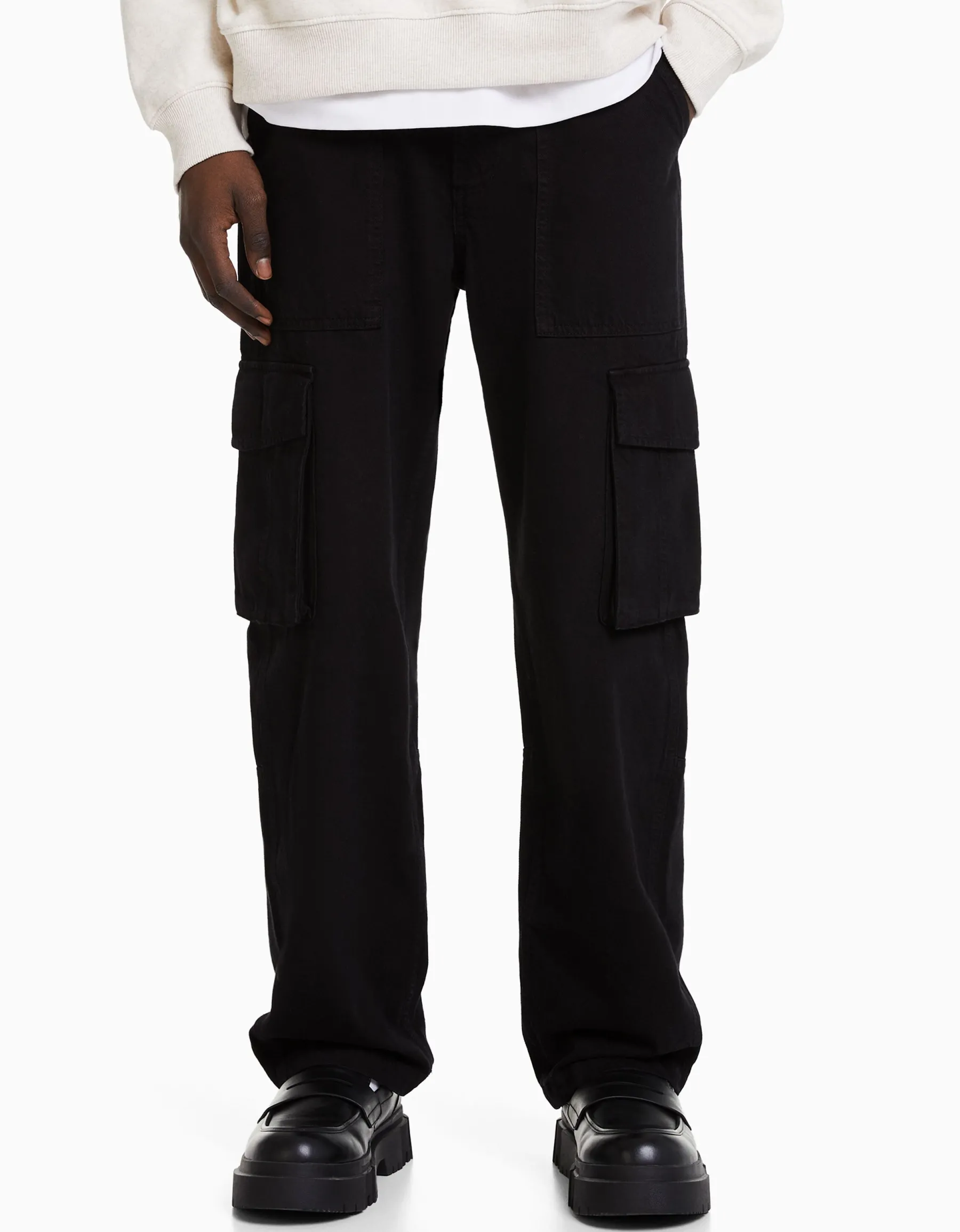 BERSHKA Pantalon cargo wide leg coton Noir Sale