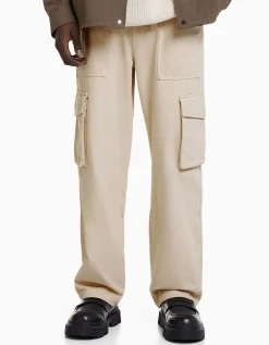 BERSHKA Pantalon cargo wide leg coton Écru Best Sale