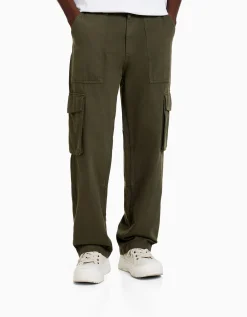 BERSHKA Pantalon cargo wide leg coton Noir Cheap