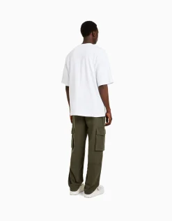 BERSHKA Pantalon cargo wide leg coton Noir Cheap