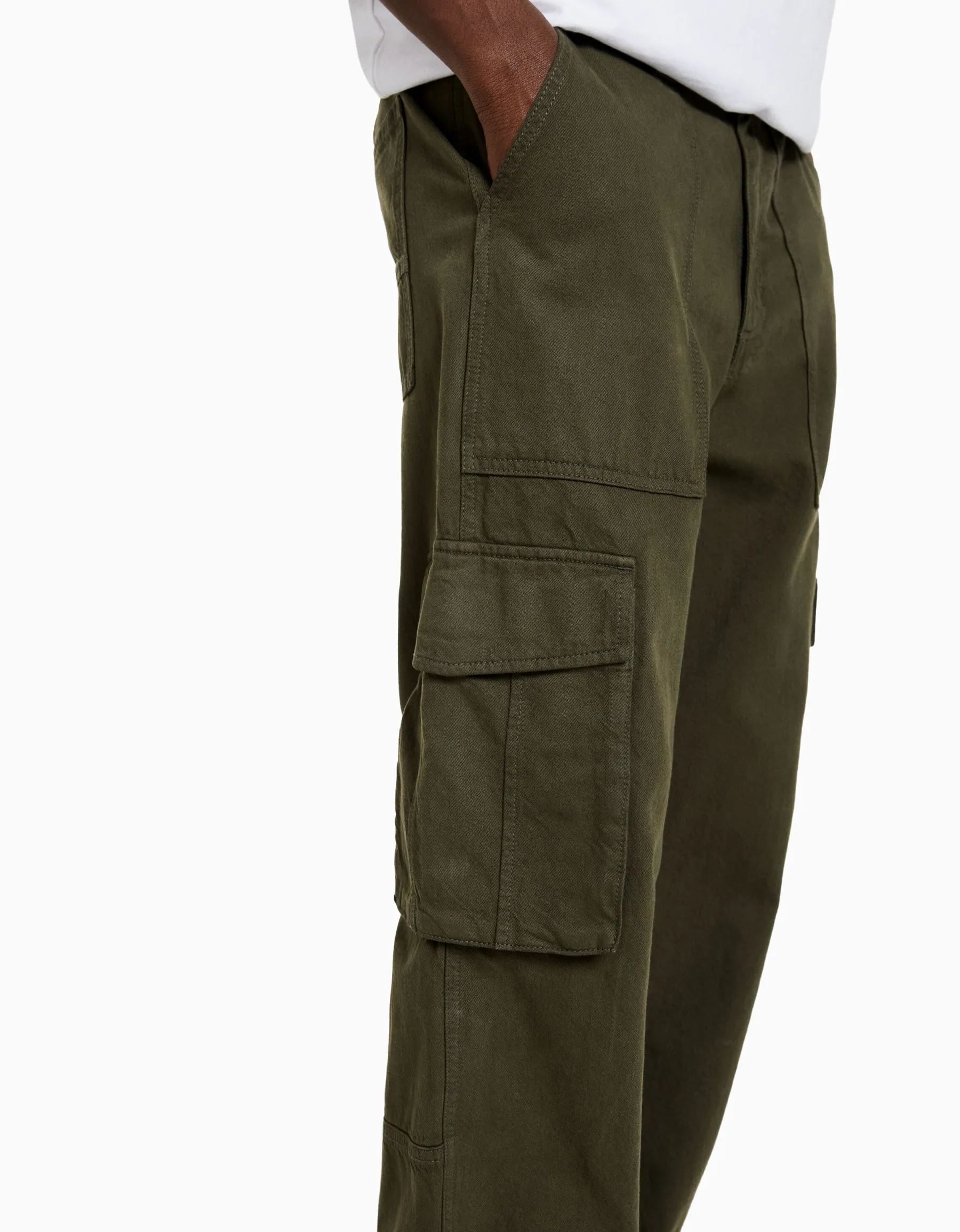 BERSHKA Pantalon cargo wide leg coton Noir Cheap