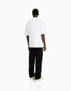 BERSHKA Pantalon cargo wide leg coton Noir Fashion