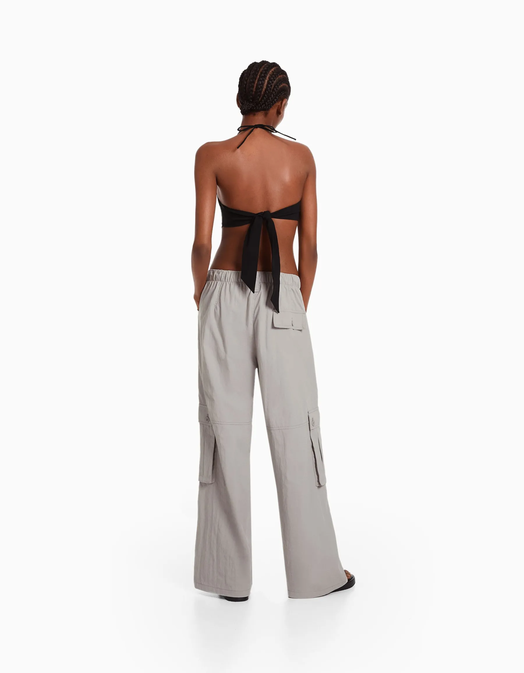 BERSHKA Pantalon cargo wide leg multipoches Kaki New