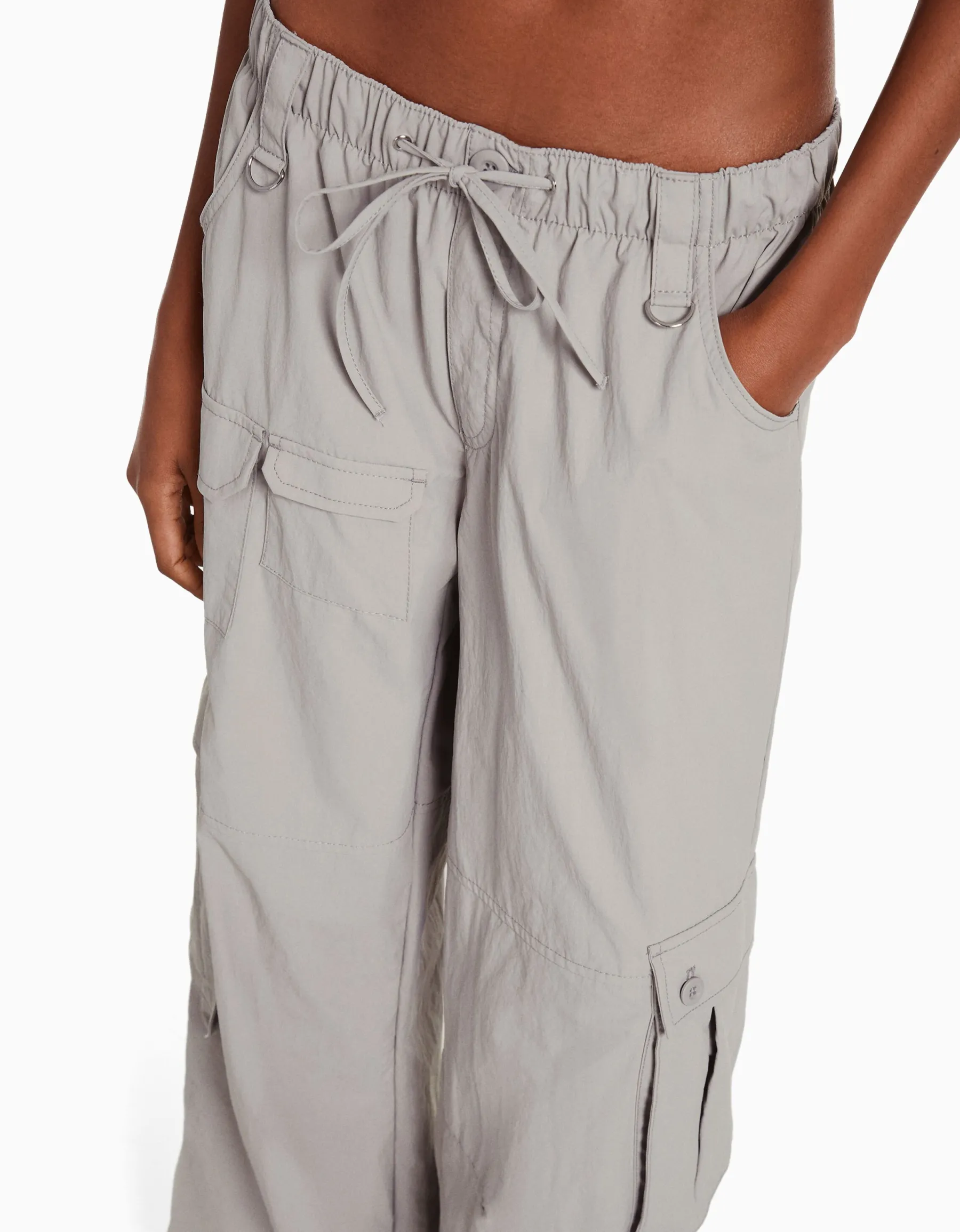 BERSHKA Pantalon cargo wide leg multipoches Kaki New