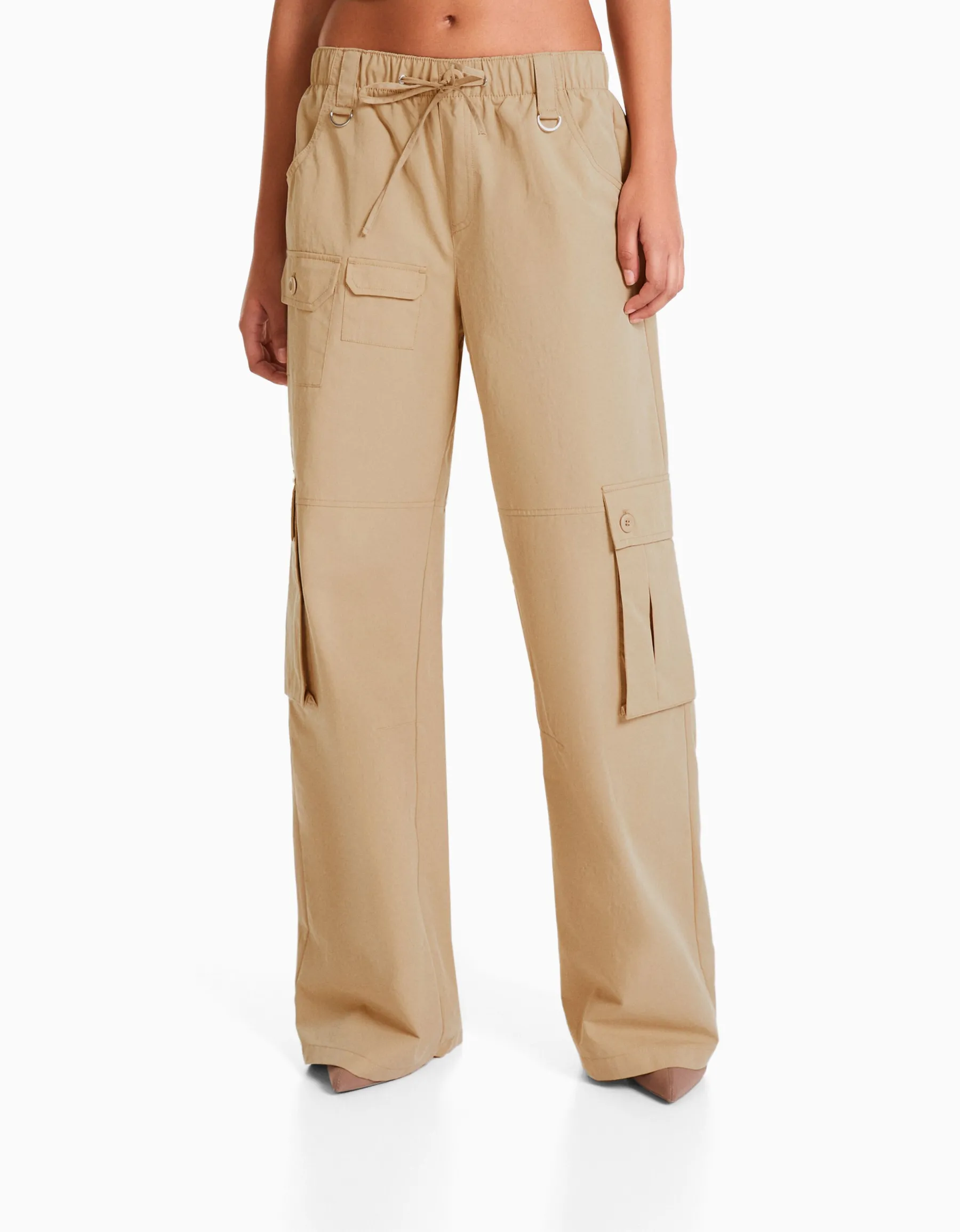 BERSHKA Pantalon cargo wide leg multipoches Kaki Hot