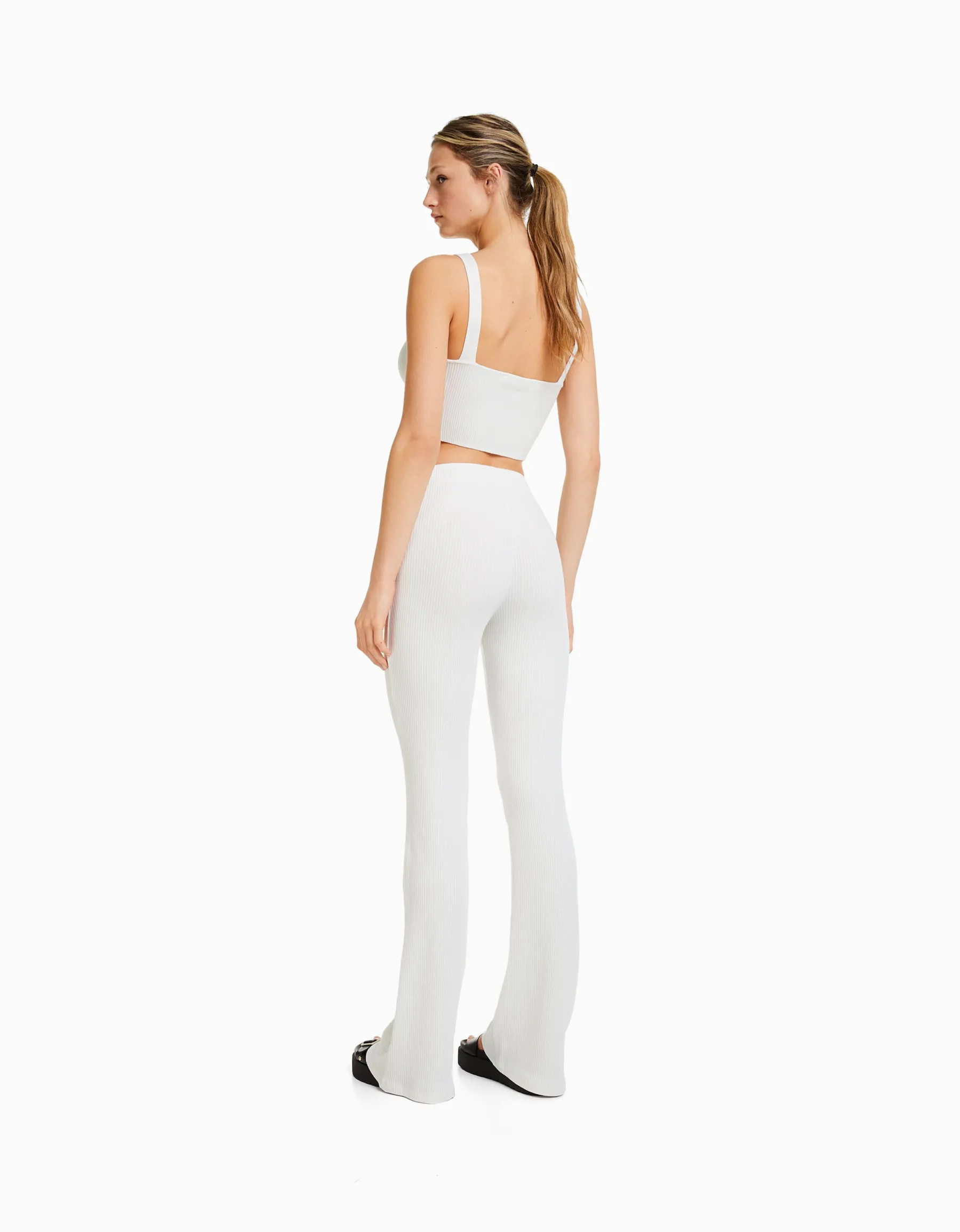 BERSHKA Pantalon flare bord-côte Gris New