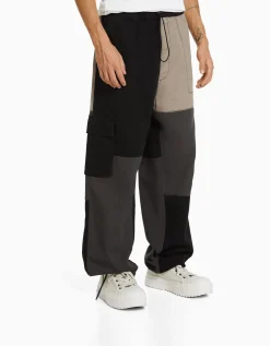 BERSHKA Pantalon jogger cargo color block Noir Outlet