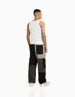 BERSHKA Pantalon jogger cargo color block Noir Outlet