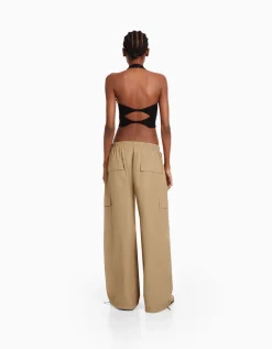 BERSHKA Pantalon jogger cargo parachute Bleu lavé Discount