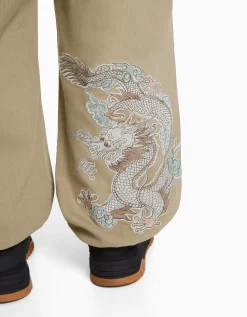 BERSHKA Pantalon jogger coton brodé Camel Fashion