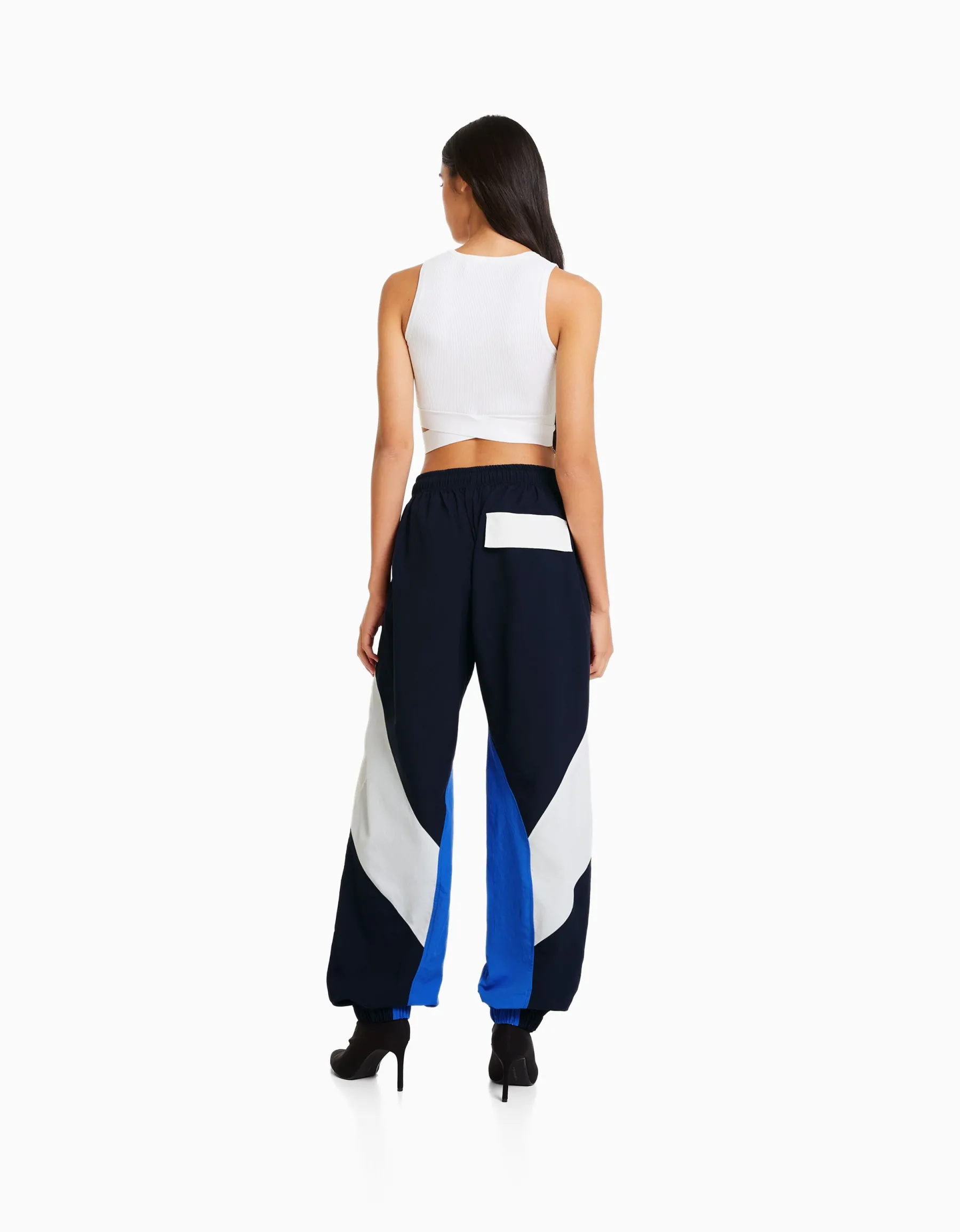 BERSHKA Pantalon jogger molleton effet nylon color block Bleu Flash Sale