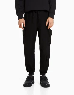 BERSHKA Pantalon jogger technique multifonction Noir New