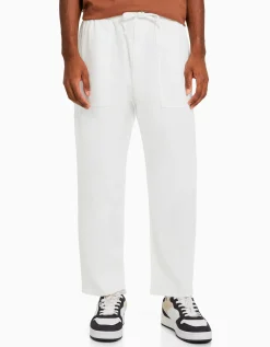 BERSHKA Pantalon loose rustique Blanc Discount
