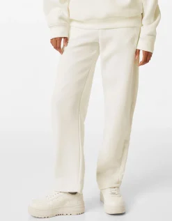 BERSHKA Pantalon molleton wide leg Blanc cassé Fashion