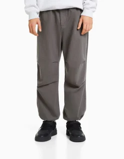 BERSHKA Pantalon parachute coton Gris Clearance