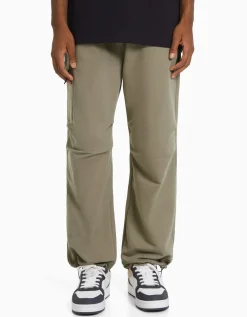 BERSHKA Pantalon parachute molleton poche fermeture Éclair Kaki Discount