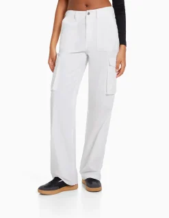 BERSHKA Pantalon straight cargo Blanc Sale