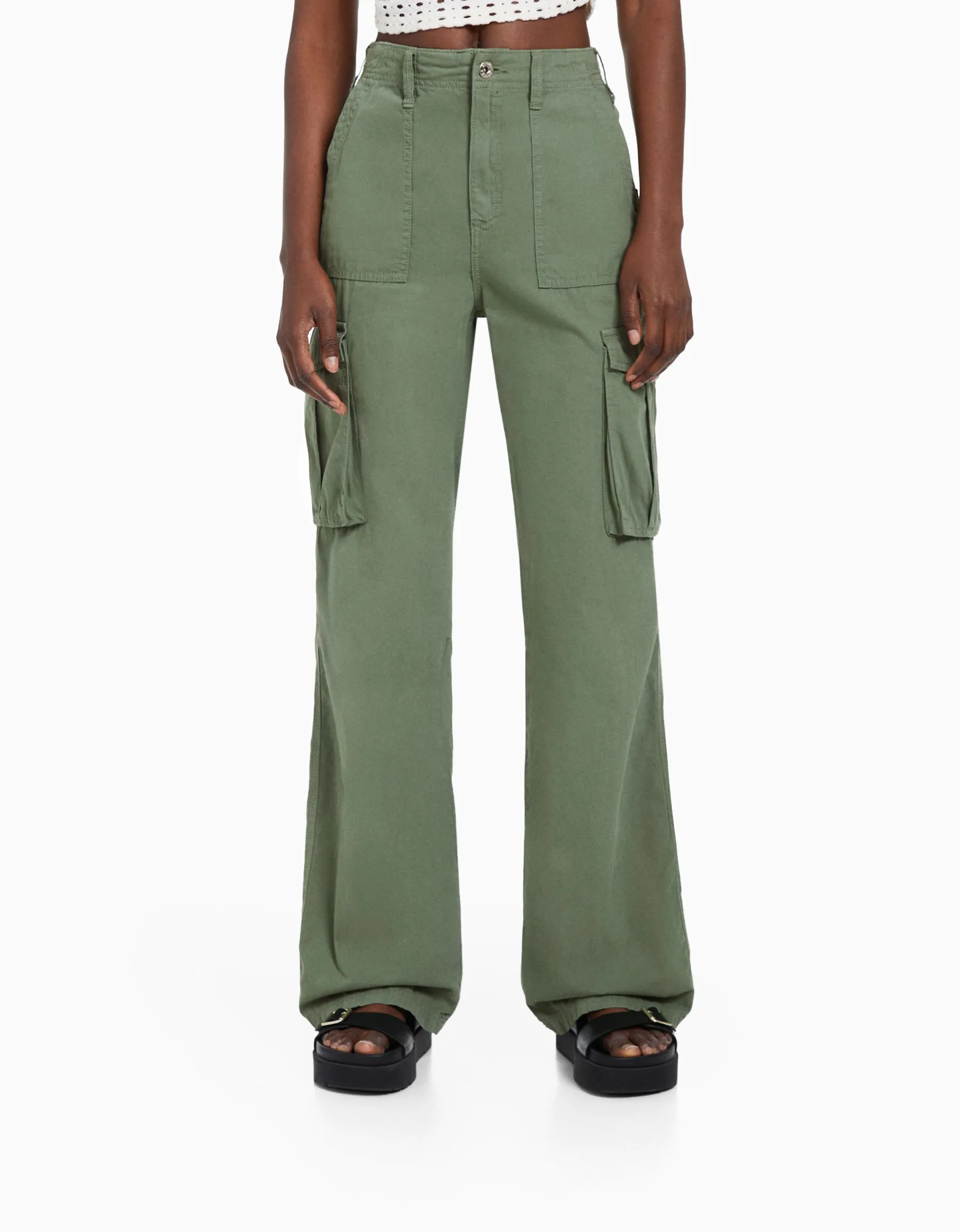 BERSHKA Pantalon straight cargo réglable Blanc Flash Sale