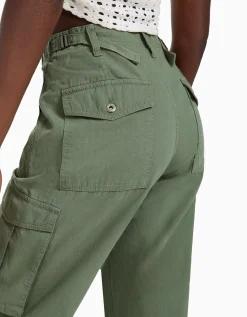 BERSHKA Pantalon straight cargo réglable Blanc Flash Sale