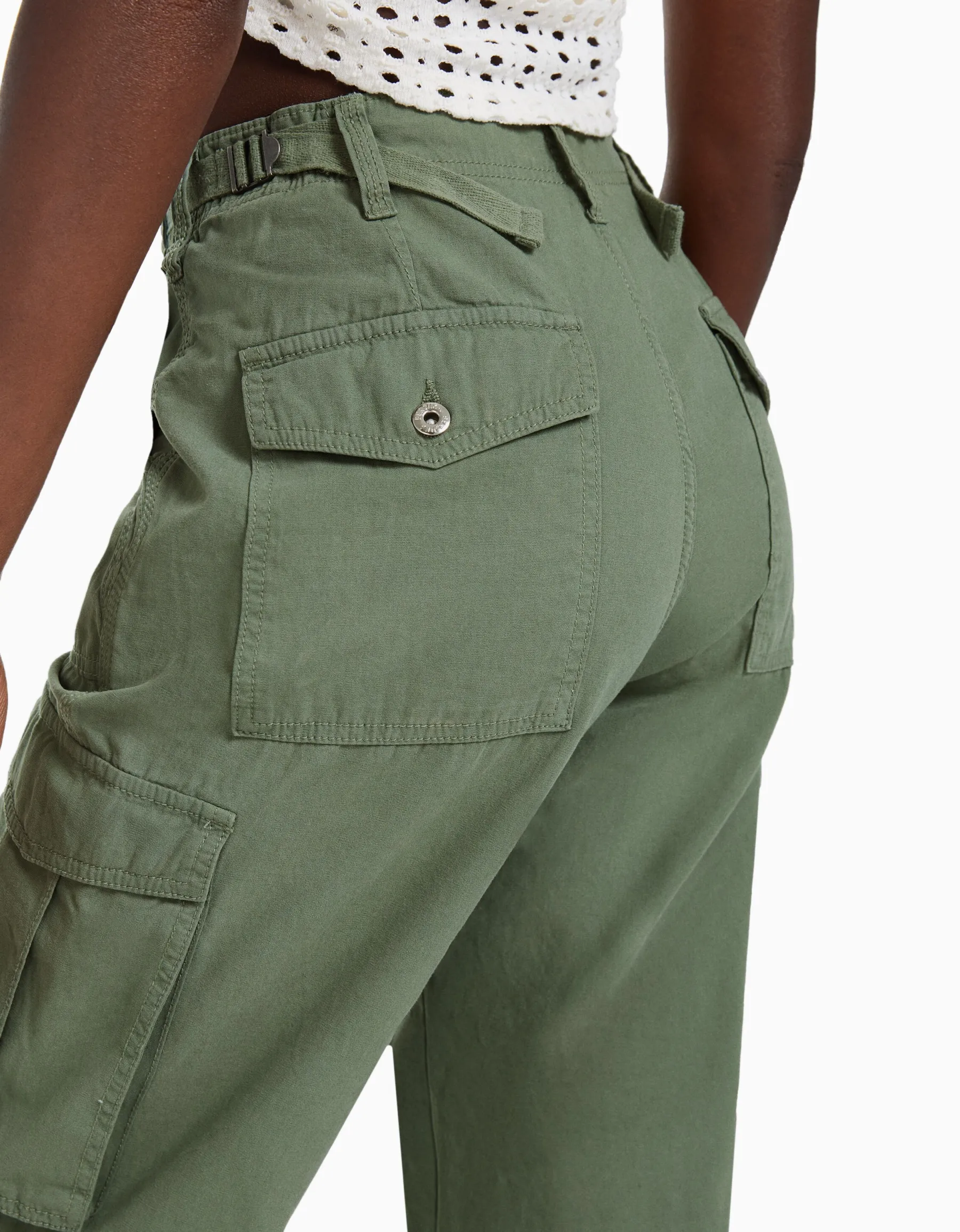 BERSHKA Pantalon straight cargo réglable Blanc Flash Sale