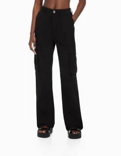 BERSHKA Pantalon straight cargo réglable Blanc Shop