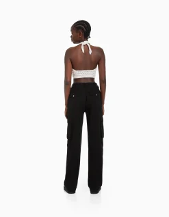 BERSHKA Pantalon straight cargo réglable Blanc Shop