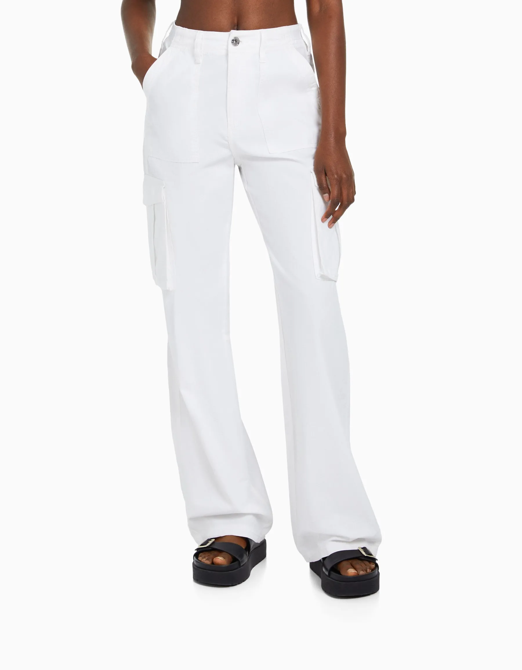 BERSHKA Pantalon straight cargo réglable Blanc Best