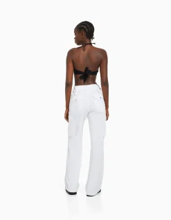 BERSHKA Pantalon straight cargo réglable Blanc Best