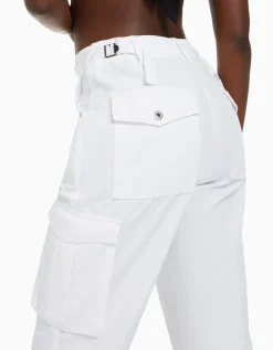 BERSHKA Pantalon straight cargo réglable Blanc Best