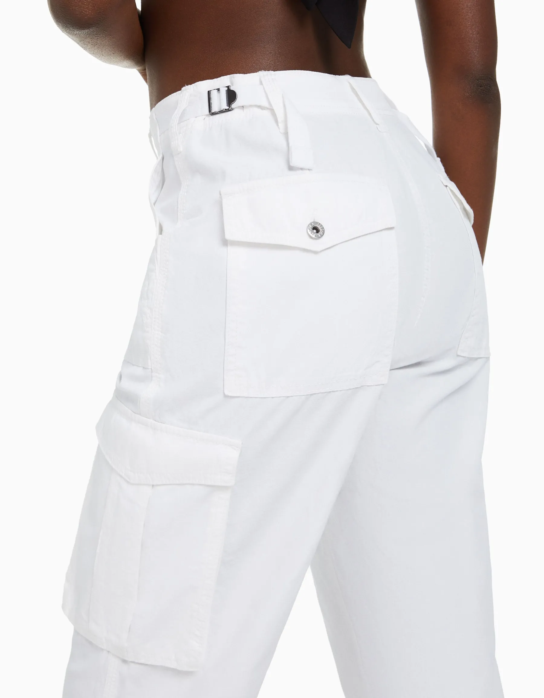 BERSHKA Pantalon straight cargo réglable Blanc Best