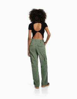 BERSHKA Pantalon straight cargo réglable Kaki Cheap