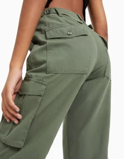 BERSHKA Pantalon straight cargo réglable Kaki Hot