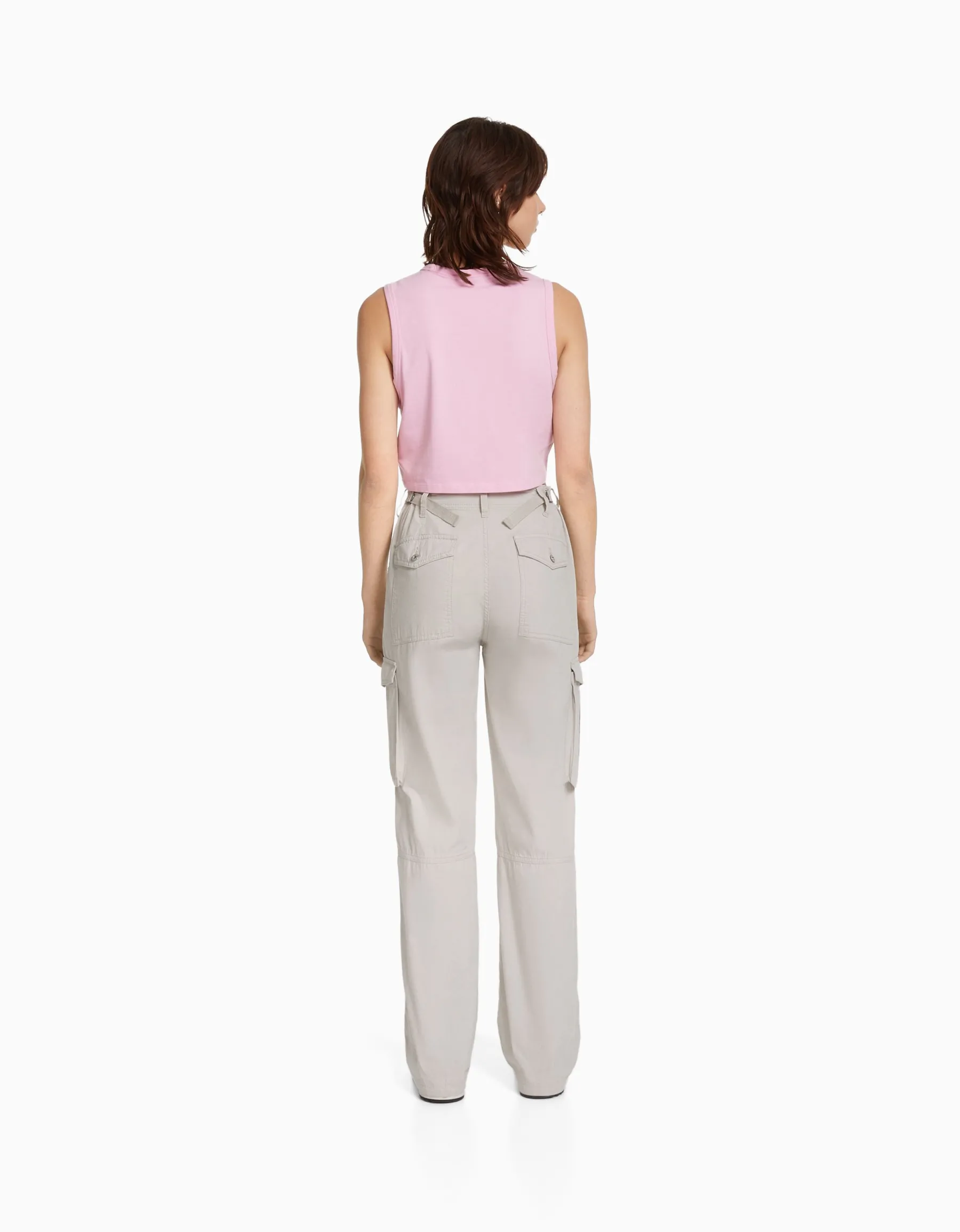 BERSHKA Pantalon straight cargo réglable Gris Store
