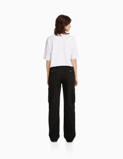 BERSHKA Pantalon straight cargo réglable Noir Cheap