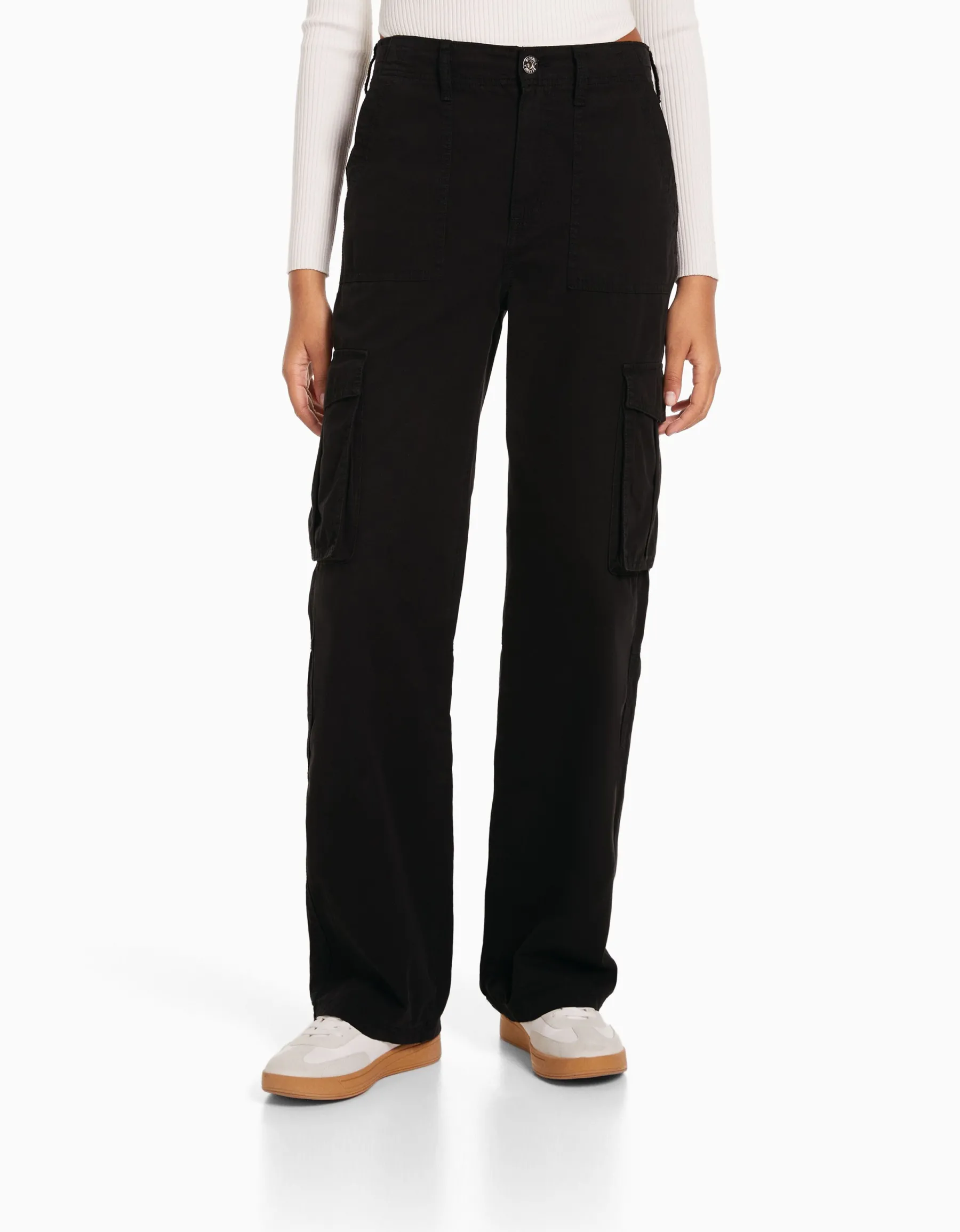 BERSHKA Pantalon straight cargo réglable Noir Best Sale