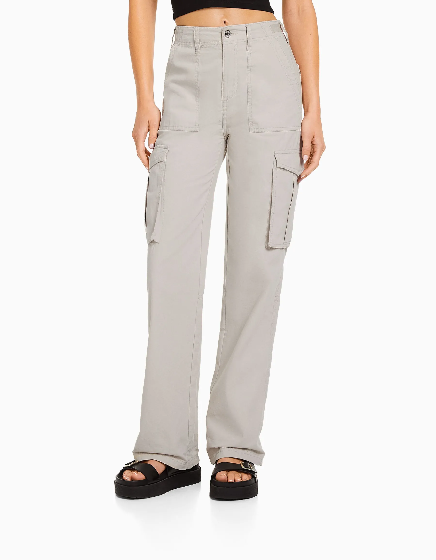 BERSHKA Pantalon straight cargo réglable Gris Clearance