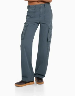 BERSHKA Pantalon straight cargo réglable Bleu Discount