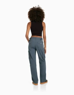 BERSHKA Pantalon straight cargo réglable Bleu Discount