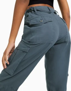 BERSHKA Pantalon straight cargo réglable Bleu Discount