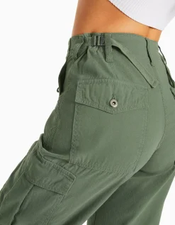 BERSHKA Pantalon straight cargo réglable Kaki Sale