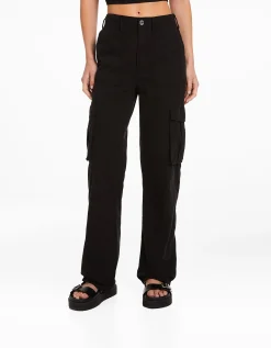 BERSHKA Pantalon straight cargo réglable Noir Best