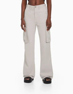 BERSHKA Pantalon straight cargo réglable Blanc Cheap